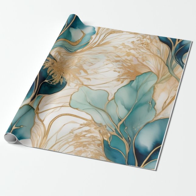 Papier Cadeau Encre Abstraite D'Alcool Avec Limites D'Or (Déroulé)