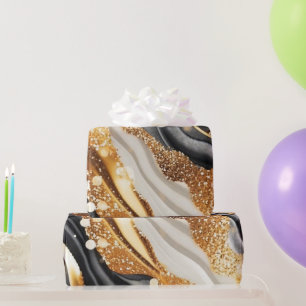 Papier Cadeau Encre alcoolique agate pailletée noir et or aquare