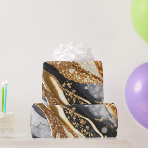 Papier Cadeau Encre alcoolique agate pailletée noir et or aquare