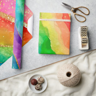 Papier Cadeau Encre alcoolique arc-en-ciel aquarelle et paillett