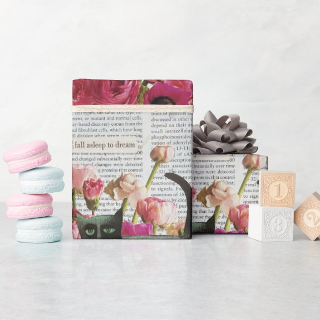 Papier Cadeau Endormez-vous pour rêver Chat noir Fleurs roses ch (Baby Shower)