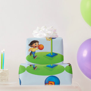 Papier Cadeau Enfant jouant au basket avec un cerceau Fun Sports