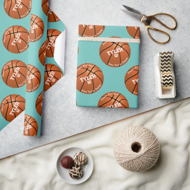 Papier Cadeau Enfant's Birthday, Basketball, Nom Age, Turquoise  (Artisanat)