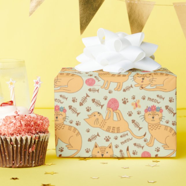 Papier Cadeau Enfants chats joyeux Jouer avec le fil couché (Fête d'anniversaire)