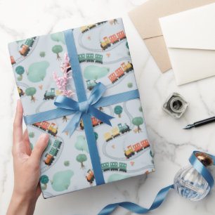 Papier Cadeau Enfants Cute Blue Train Voyage Motifs Garçons Anni
