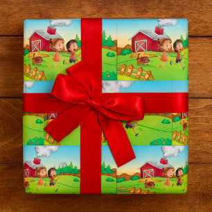 Papier Cadeau Enfants Dans Une Ferme