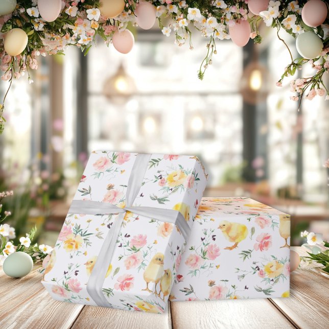 Papier Cadeau Enfants de Pâques poussins printemps floral (Easter Baby Chicks Spring Floral Wrapping Paper)