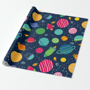 Papier Cadeau Enfants Espace Rockets Planètes Constellations
