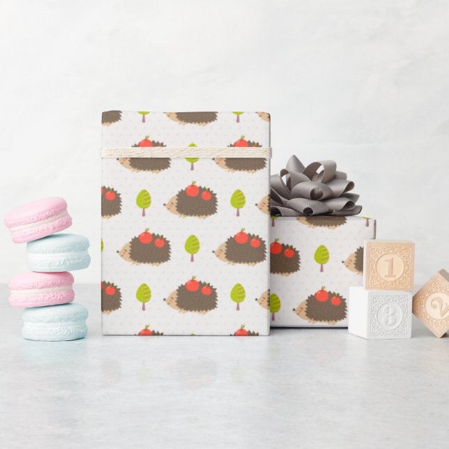 Papier Cadeau Enfants Joli Hérisson transportant des pommes sour (Baby Shower)