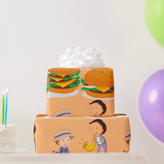 Papier Cadeau Enfants jouant de la musique sur des cheeseburgers (Créateur téléchargé)
