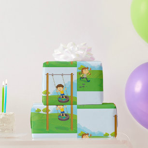 Papier Cadeau Enfants Jouant sur un Balançoire Pneumatique