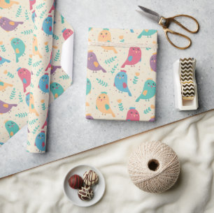 Papier Cadeau Enfants mignonnes oiseaux colorés avec tulipes