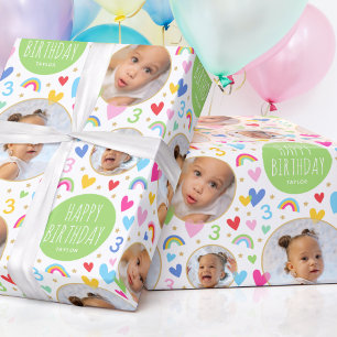 Papier Cadeau Enfants mignons 3e anniversaire Rainbow Photo Hear