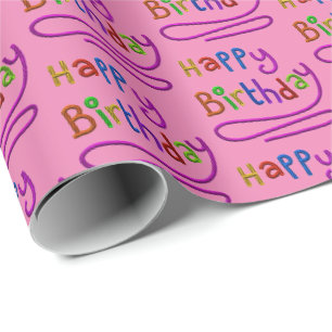 Papier Cadeau Enfants Moderne Joyeux Anniversaire Script Rainbow