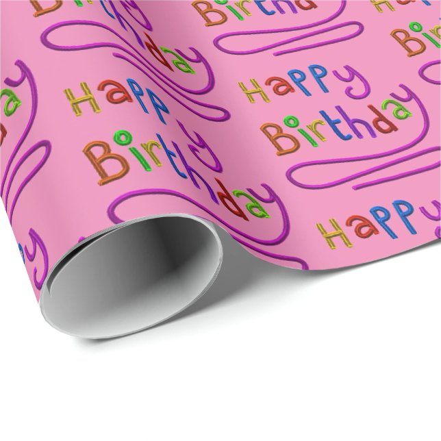 Papier Cadeau Enfants Moderne Joyeux Anniversaire Script Rainbow (Coin rond)