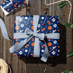 Papier Cadeau Enfants Motif d'équipement sportif sur Blue Annive
