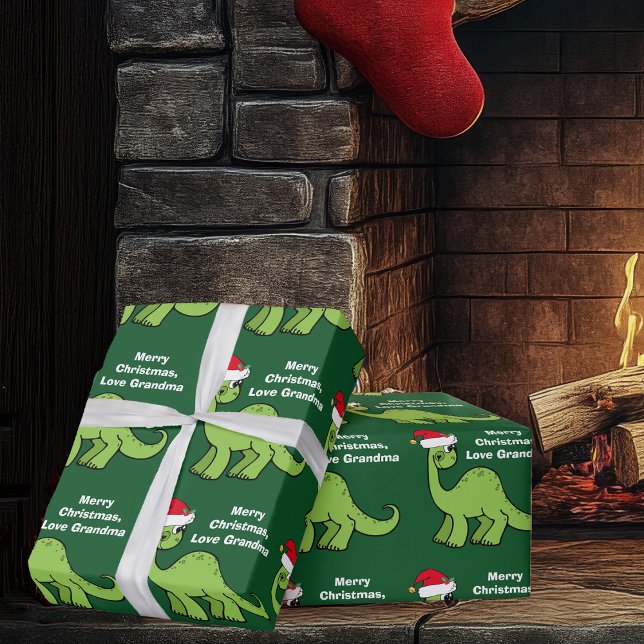 Papier Cadeau Enfants Noël Dinosaure mignon personnalisé vert  (Créateur téléchargé)