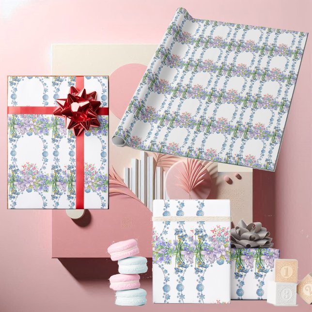 Papier Cadeau Enfants Soft Pastel Blue Blooms Oval Floral Annive (Kids Soft Pastel Blue Blooms Oval Floral Birthday Wrapping Paper)