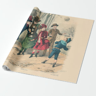 Papier Cadeau Enfants victoriens antiques jouant au ballon Hiver