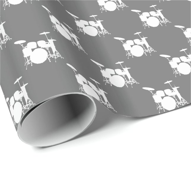 Papier Cadeau Ensemble de batterie blanche sur fond gris (Coin rond)