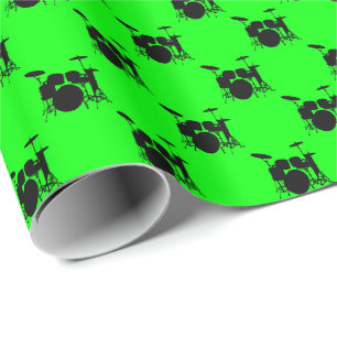 Papier Cadeau Ensemble de batterie noir musical sur fond vert ci