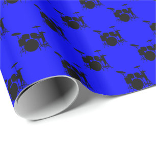 Papier Cadeau Ensemble de batterie noire musicale sur fond bleu