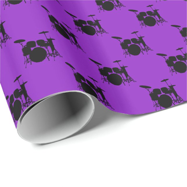 Papier Cadeau Ensemble de batterie noire musicale sur fond viole (Coin rond)