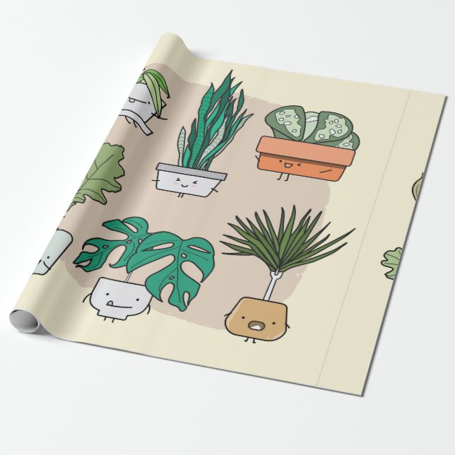Papier Cadeau Ensemble de plantes de maison mignons dans des pot (Déroulé)