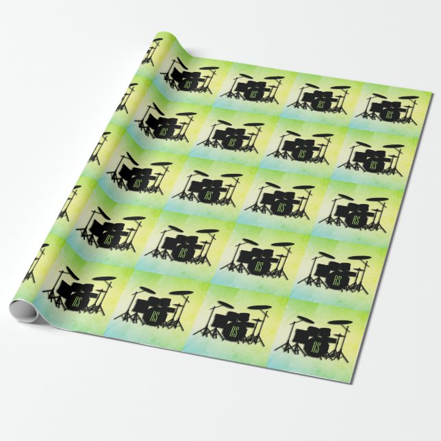 Papier Cadeau Ensemble de tambour monogramme vert (Déroulé)