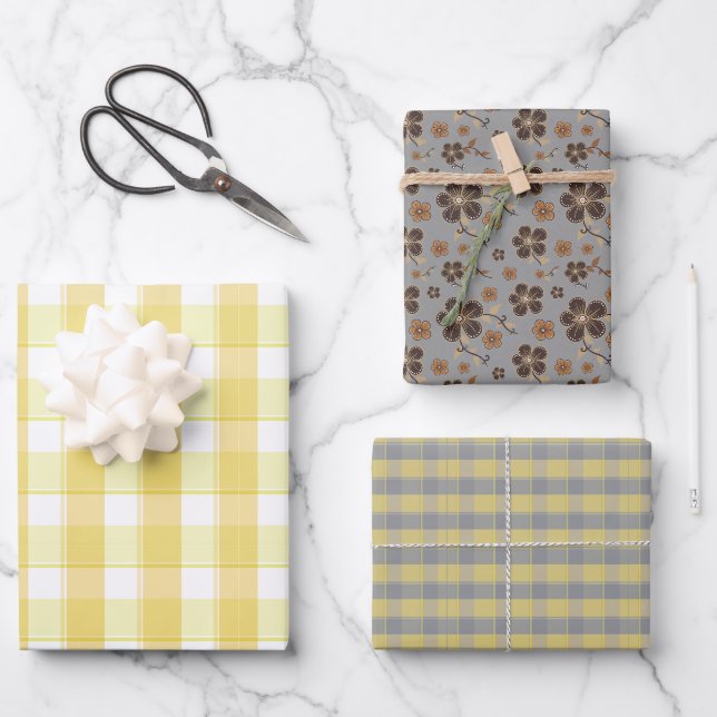 Papier cadeau ensemble fleur tartan jaune gris (Recto)