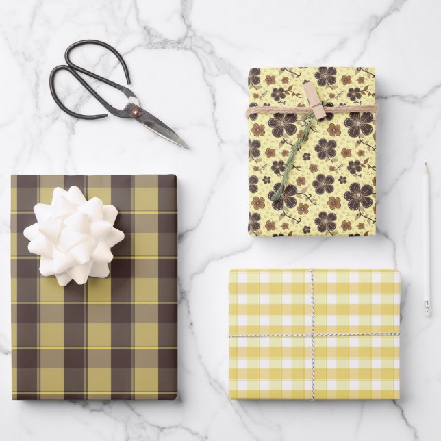 Papier cadeau ensemble fleur tartan jaune marron (Recto)
