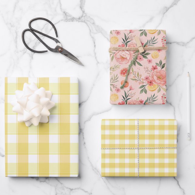 Papier cadeau ensemble rose tartan jaune citron (Recto)