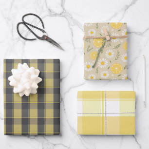 Papier cadeau ensemble tartan marguerite jaune gri