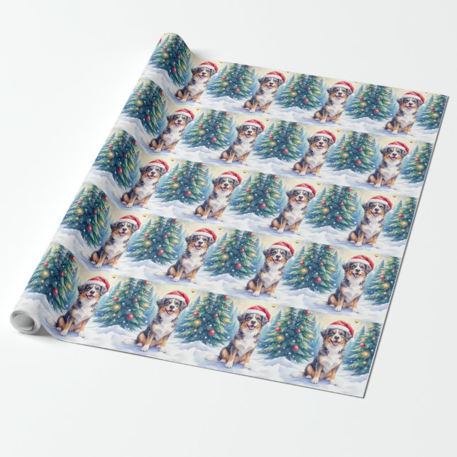 Papier Cadeau Entlebucher Mountain Dog Snowy Forest Santa (Déroulé)