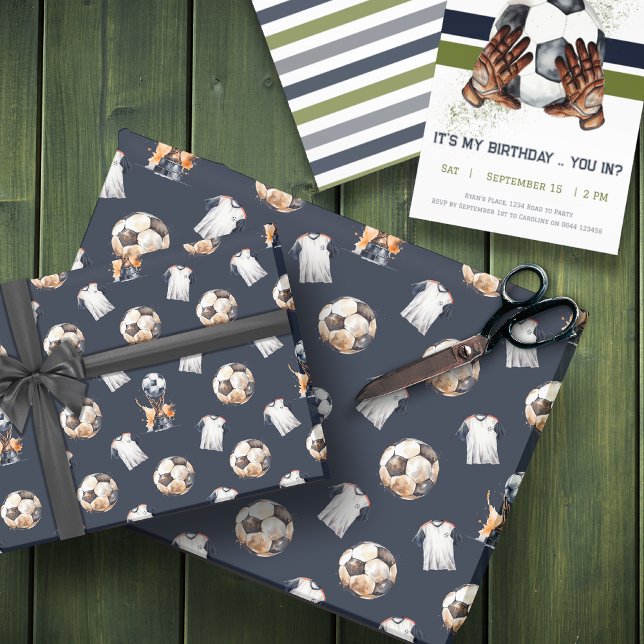 Papier Cadeau Enveloppe cadeau à thème de football (Green Blue Soccer Pattern Birthday Party Wrapping Paper)