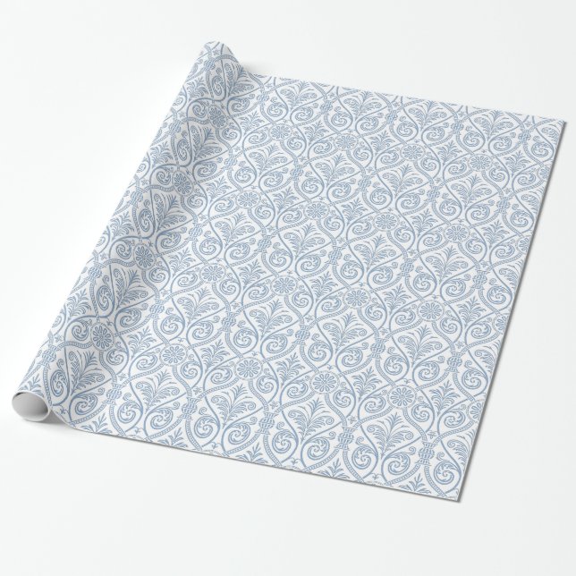 Papier Cadeau Enveloppe cadeau Damas bleu et blanc (Déroulé)