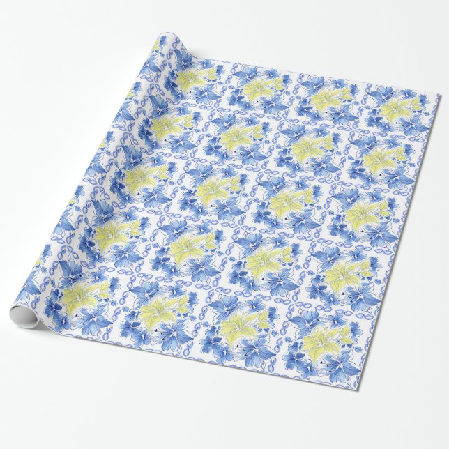 Papier Cadeau Enveloppe de cadeau florale bleue et jaune (Déroulé)