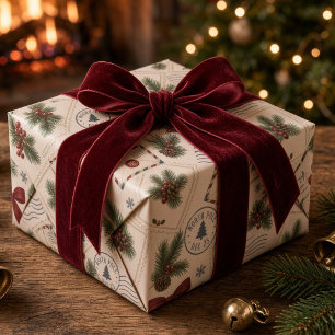 Papier Cadeau Enveloppe vintage du Pôle Nord avec ruban bordeaux