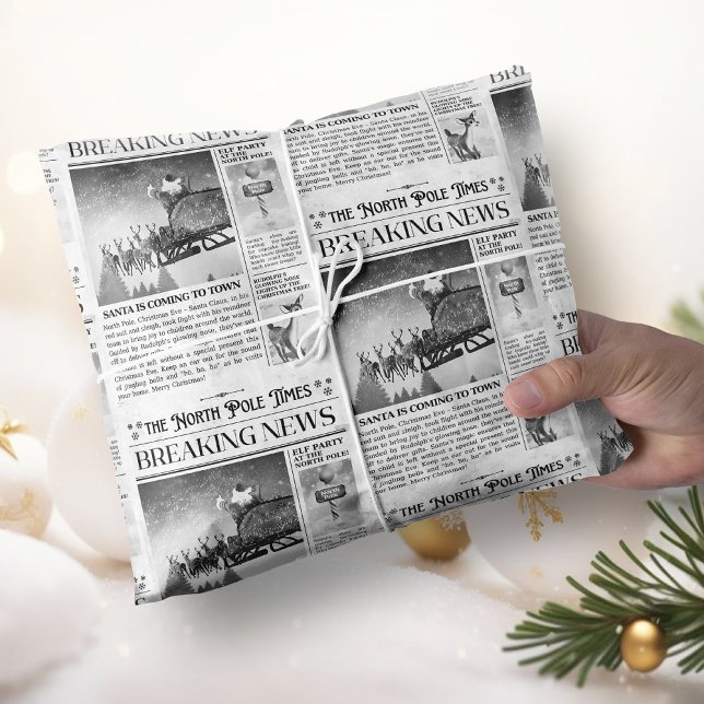 Papier Cadeau Enveloppement Cadeau de Noël Enveloppement de jour (Christmas Newspaper Wrapping Paper Black and White)