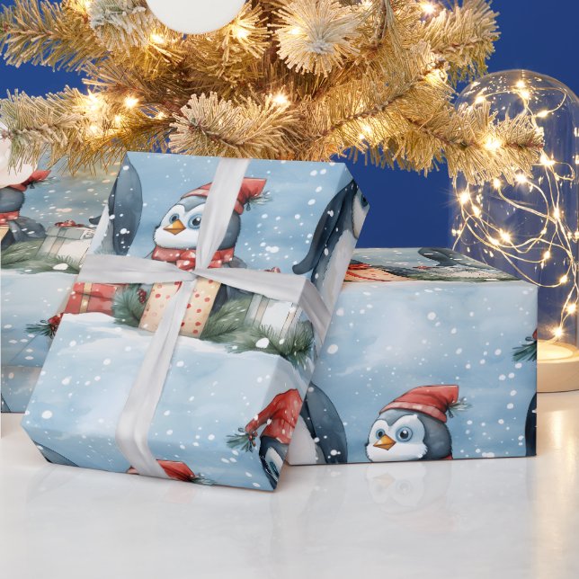 Papier Cadeau Enveloppement cadeau de pingouins dans la neige (Vacances)