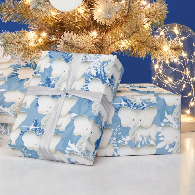 Papier Cadeau Enveloppement de Noël d'éléphant blanc en carreaux (Vacances)