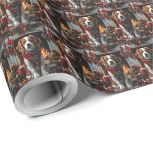 Papier Cadeau Épagneul breton avec cheminée de cadeaux de Noël