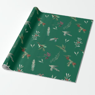 Papier Cadeau Épicéa de Noël et Baies Rouges Vert Forêt