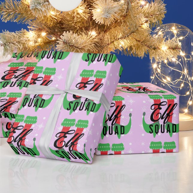 Papier Cadeau Équipe de talons elfes Noël flocons de neige rose  (Vacances)