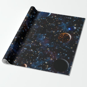 Papier Cadeau Espace avec galaxies, étoiles et planètes