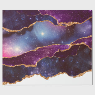 Papier Cadeau Espace bleu et violet et étoiles avec ruban or