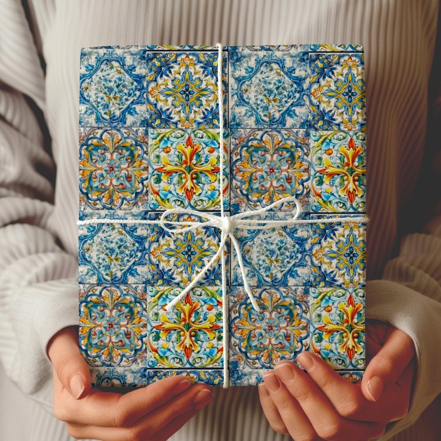 Papier Cadeau été italie carreaux bleu floral citrus (Créateur téléchargé)