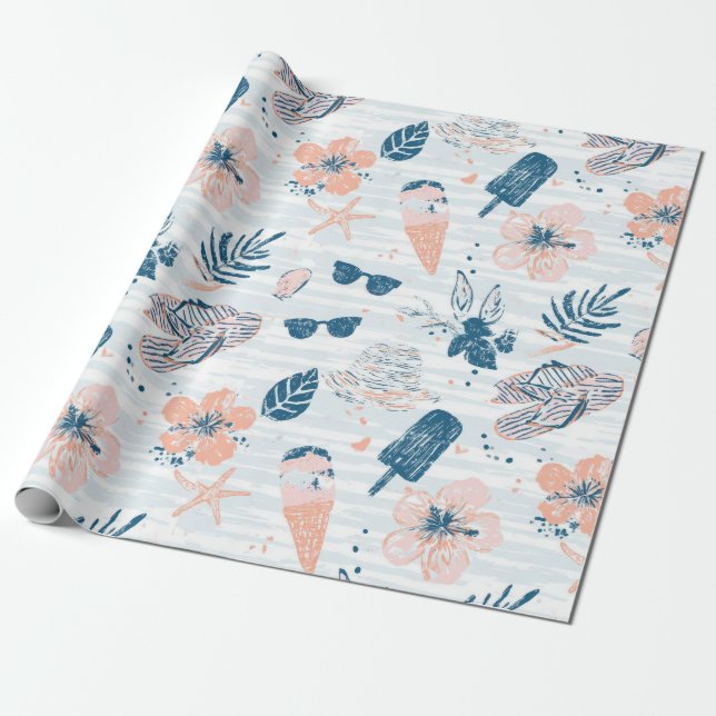 Papier Cadeau Été Plage Tropical Bleu Corail Rayé  (Déroulé)