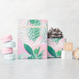 Papier Cadeau Été Tropical Pink Mint Palm Foliage Verdure