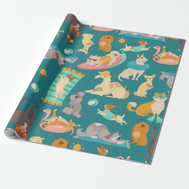 Papier Cadeau été tropical plage chiens fête mignon (Déroulé)